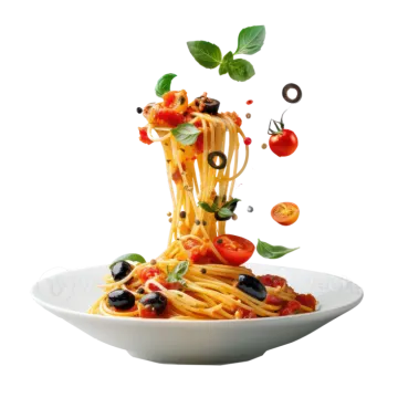 a plate of spaghetti with tomatoes and olives