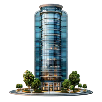 a tall building with many windows and trees