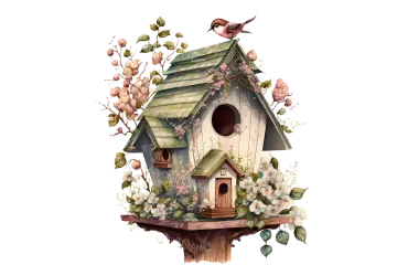 a birdhouse with flowers and birds on it