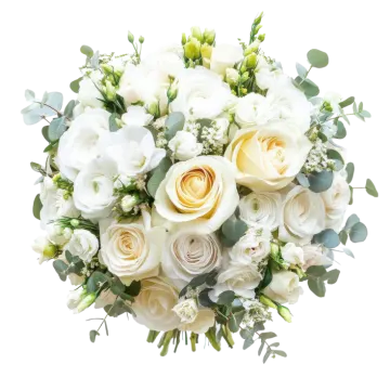 a bouquet of white roses and eucalyptus leaves
