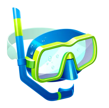a blue and green scuba mask with a yellow tube