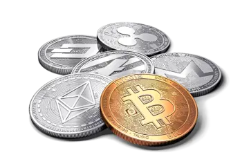a pile of bitcoin coins
