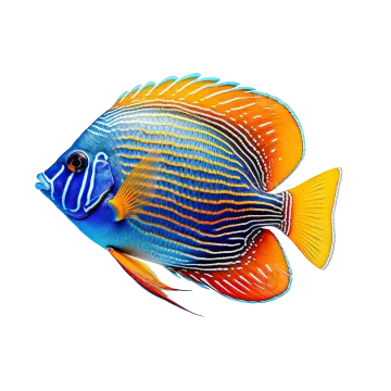 a blue and orange fish on a white background