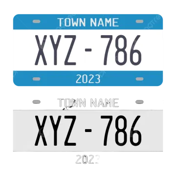 two blue and white license plates with the words town name on them