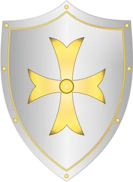 a silver shield with gold accents