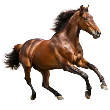 a brown horse running on a white background