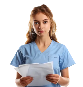 a woman in scrubs holding a piece of paper and looking at the camera