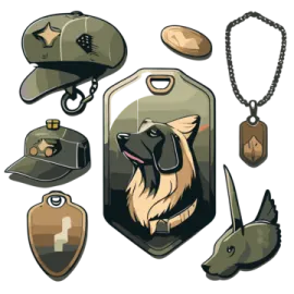 a set of military items including a dog, helmet, and other items