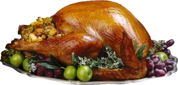 a turkey sitting on top of a platt of fruit and vegetables