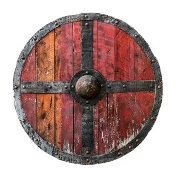 a red and black wooden shield on a white background