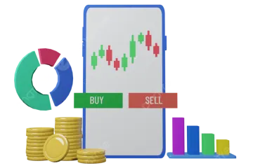 a smartphone with the words buy and sell next to a stack of coins