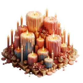 a pile of candles with flowers on top