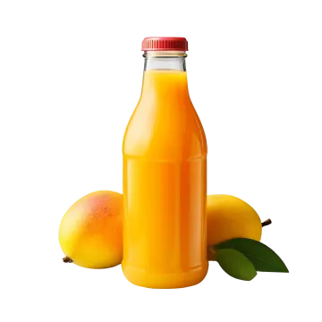 a bottle of orange juice next to two mangos