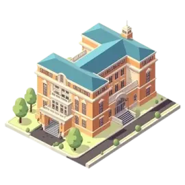 an illustration of a building with a blue roof