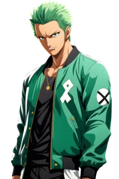 a man with green hair wearing a green jacket and black pants