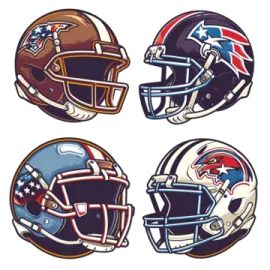 a set of four football helmets