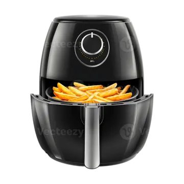 a black air fryer with fries in it