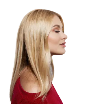 a woman with long blonde hair and red sweater