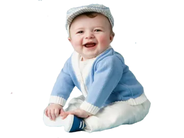 a baby wearing a blue sweater and white pants
