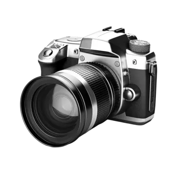 a black and silver camera on a white background
