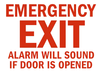 an emergency exit sign is shown in red and white