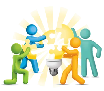 a group of people holding up a light bulb