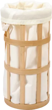 a white laundry basket with wooden handles