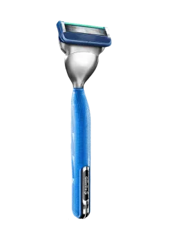 a blue and white razor on a white background
