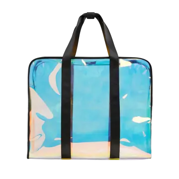 a blue and white bag with a black handle