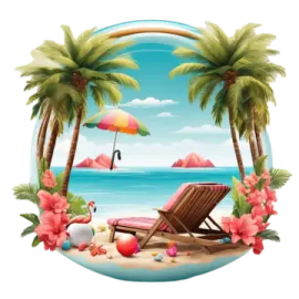 a beach scene with palm trees and an umbrella