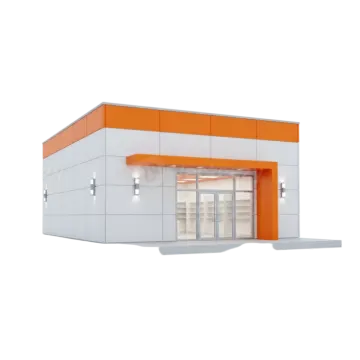 a small building with an orange and white facade