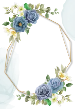 a floral frame with blue roses and green leaves