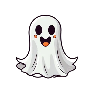 a white ghost with orange eyes and a black nose