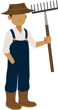 a man in overalls holding a pitchfork