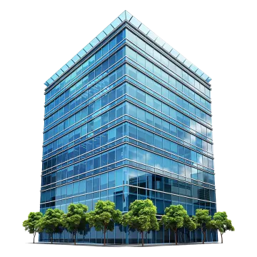 a blue glass building with trees in front