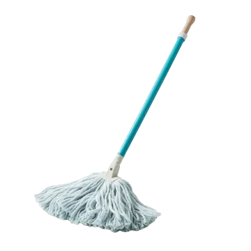 a blue mop with a wooden handle