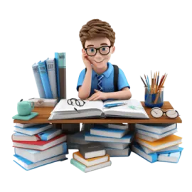 a boy sitting at a desk with books and pencils