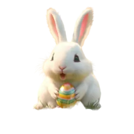 a white rabbit with an easter egg in its mouth