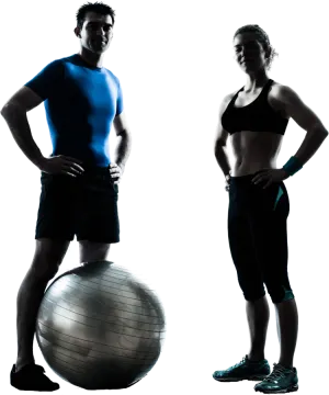 a man and woman standing next to an exercise ball