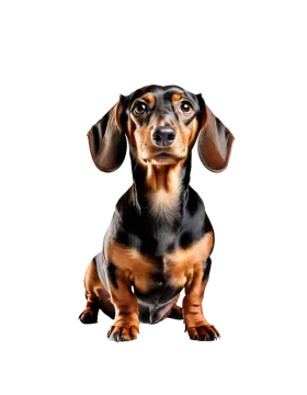 a black and brown dog sitting on the ground