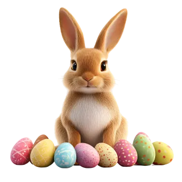 a rabbit sitting in front of easter eggs