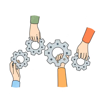 a group of hands holding gears