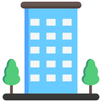 a tall building with trees in front