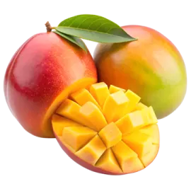 two mangos and a piece of mango on a white background