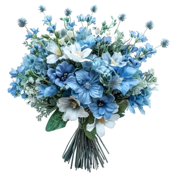 a bouquet of blue and white flowers