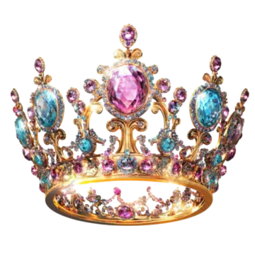 a gold crown with pink and blue crystals