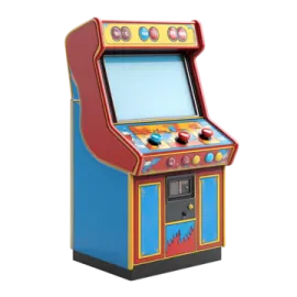 an arcade machine with a red and blue cabinet