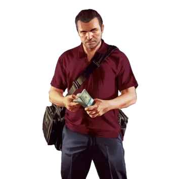 a man in a maroon shirt and black pants holding a bag of money