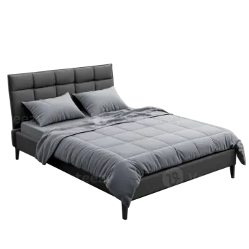 a bed with grey sheets and pillows on it