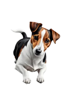 a small dog is looking up at the camera